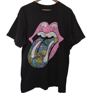 The Rolling Stones Black T-Shirt L/XL Pink Lips & Floral Tongue 100 % Cotton